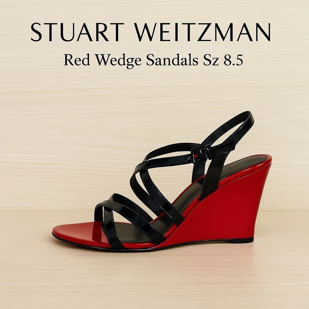Stuart Weitzman Black Patent Leather Red Wedge Sandals Size 8.5M - Picture 1 of 12